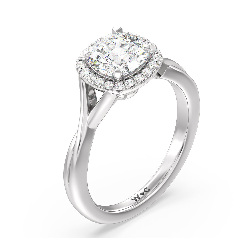 Criss Cross Shank Halo Engagement Ring with Cushion Cut Diamond in 14KT Platinum view 3
