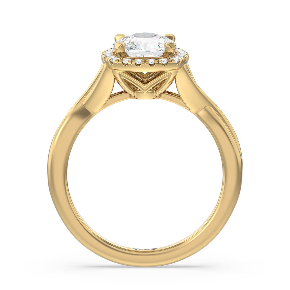 Criss Cross Shank Halo Engagement Ring with Cushion Cut Diamond in 14KT Yellow Gold view 2
