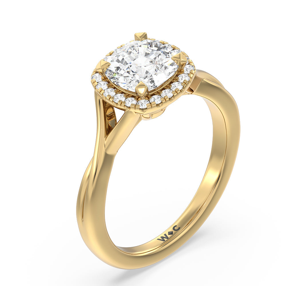 Criss Cross Shank Halo Engagement Ring with Cushion Cut Diamond in 14KT Yellow Gold view 3
