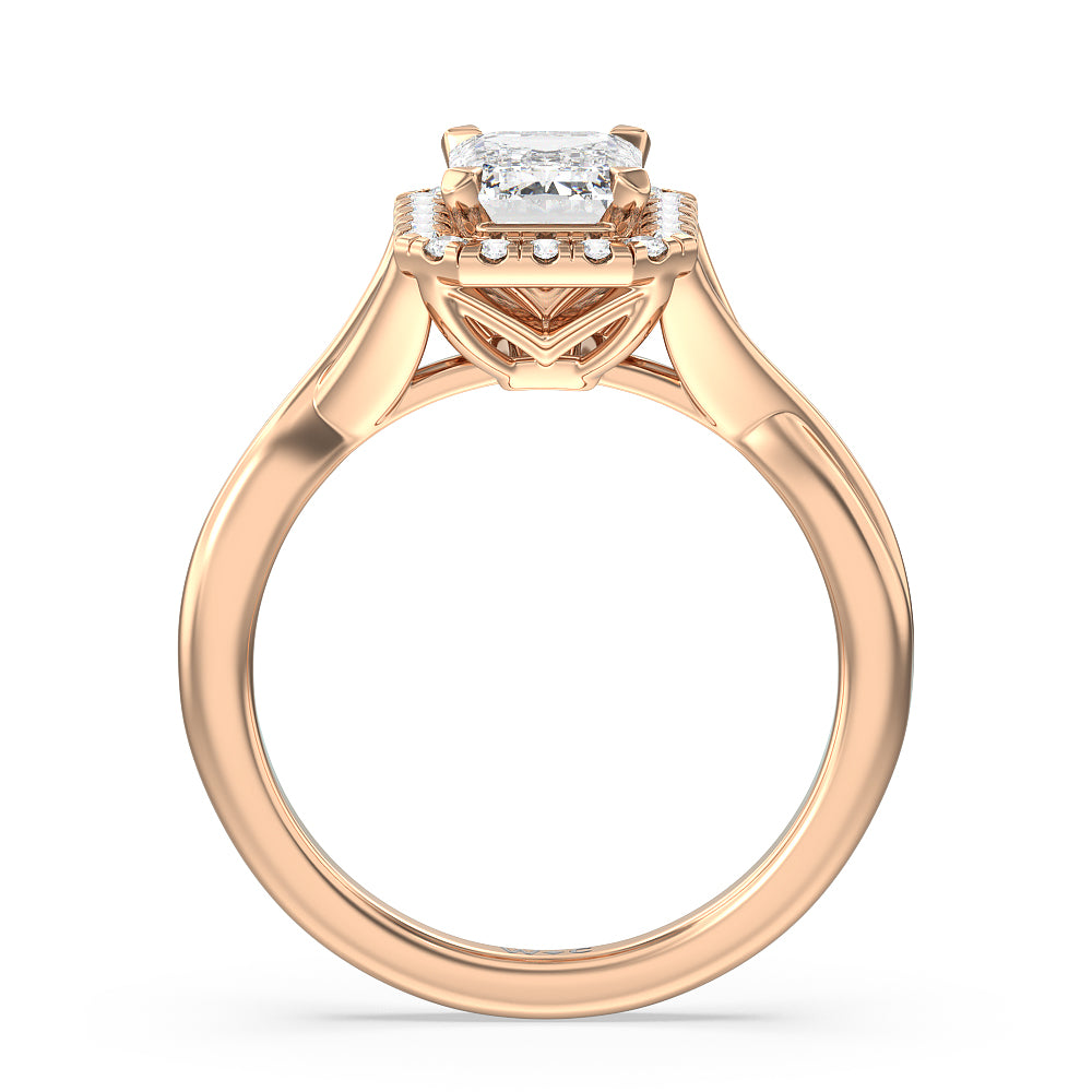 Criss Cross Shank Halo Engagement Ring with Emerald Cut Diamond in 14KT Rose Gold view 2
