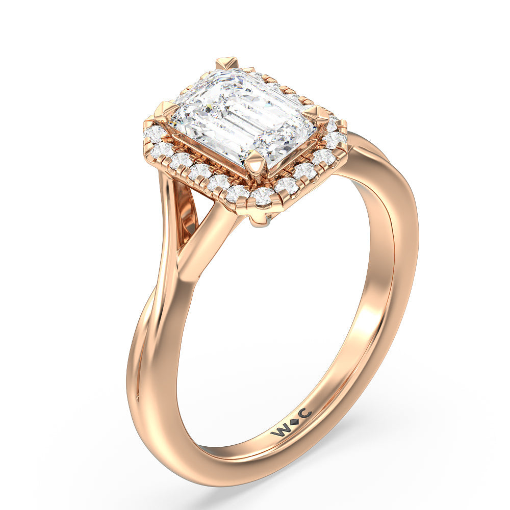 Criss Cross Shank Halo Engagement Ring with Emerald Cut Diamond in 14KT Rose Gold view 3
