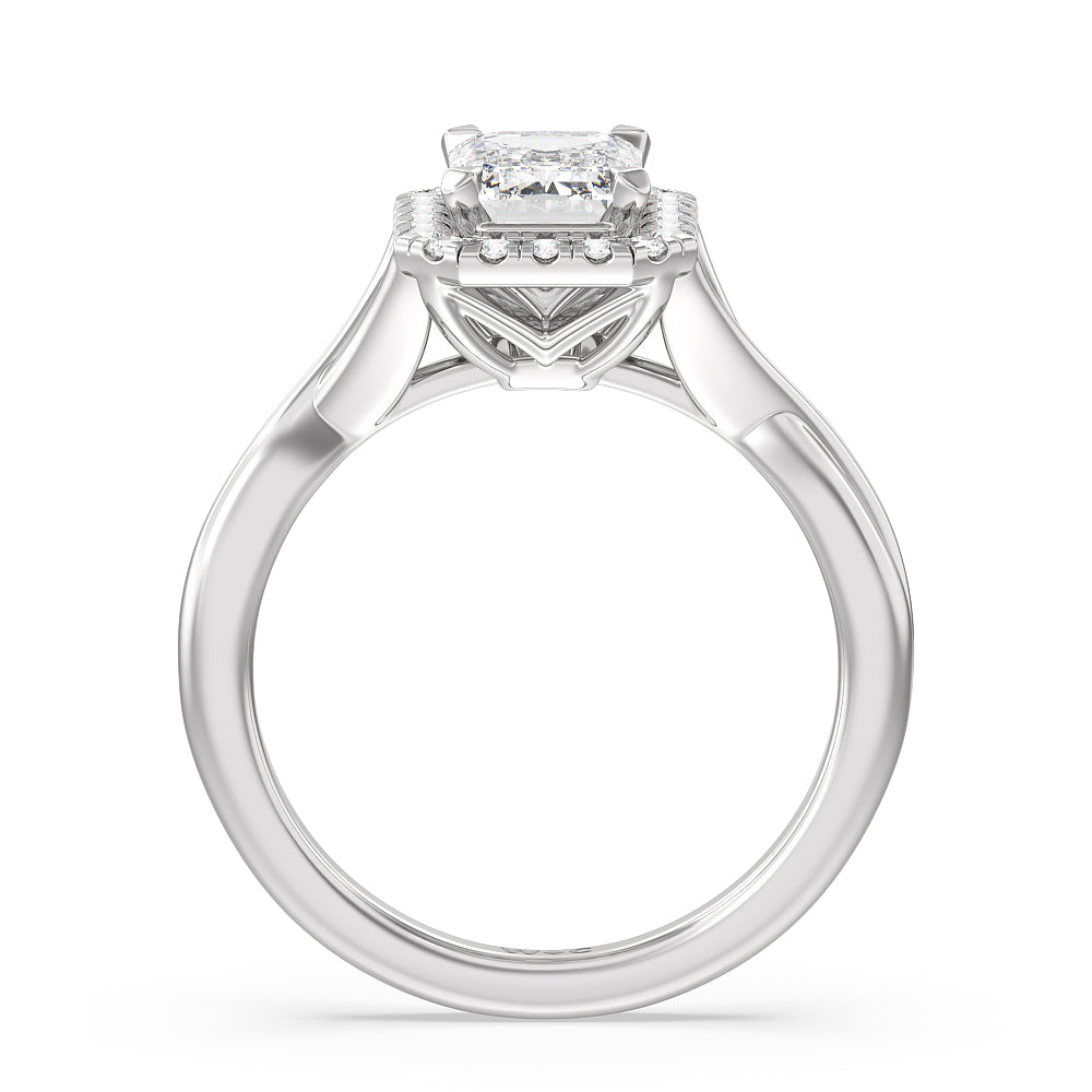Criss Cross Shank Halo Engagement Ring with Emerald Cut Diamond in 14KT Platinum view 2
