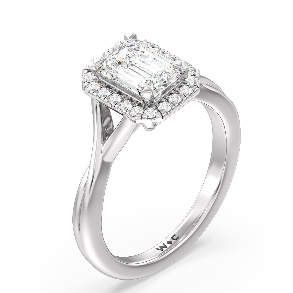 Criss Cross Shank Halo Engagement Ring with Emerald Cut Diamond in 14KT Platinum view 3
