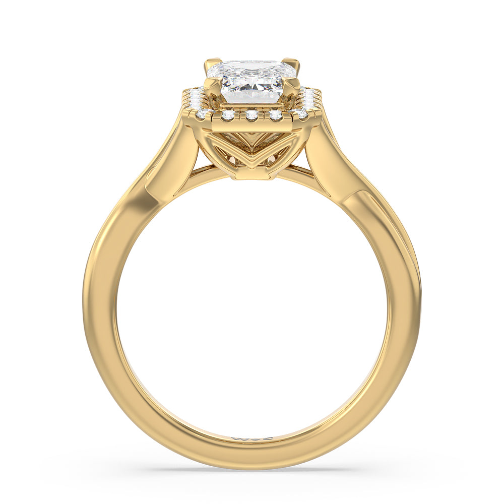 Criss Cross Shank Halo Engagement Ring with Emerald Cut Diamond in 14KT Yellow Gold view 2
