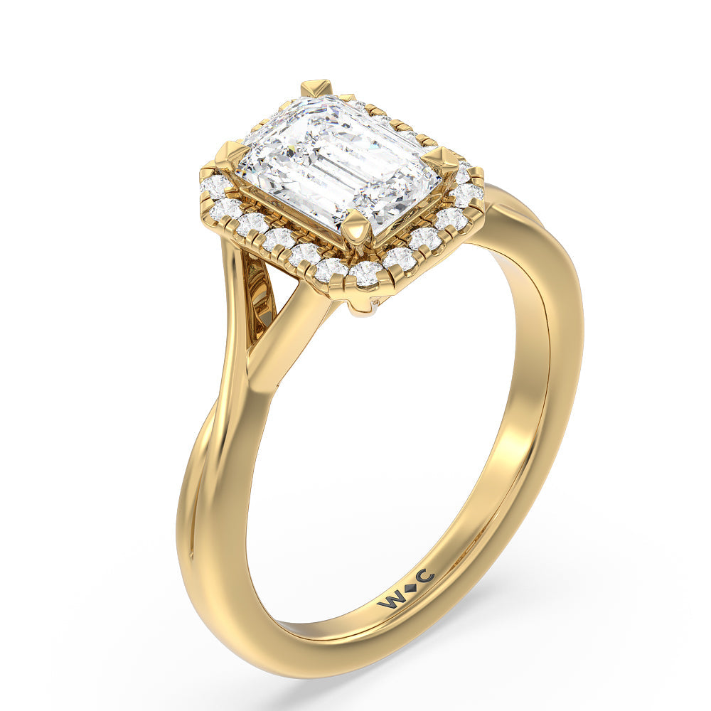 Criss Cross Shank Halo Engagement Ring with Emerald Cut Diamond in 14KT Yellow Gold view 3
