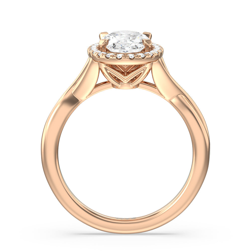Criss Cross Shank Halo Engagement Ring with Oval Cut Diamond in 14KT Rose Gold view 2
