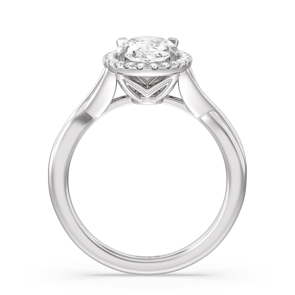 Criss Cross Shank Halo Engagement Ring with Oval Cut Diamond in 14KT Platinum view 2

