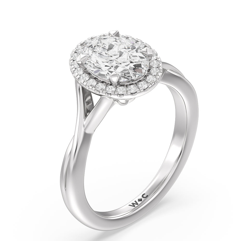 Criss Cross Shank Halo Engagement Ring with Oval Cut Diamond in 14KT Platinum view 3
