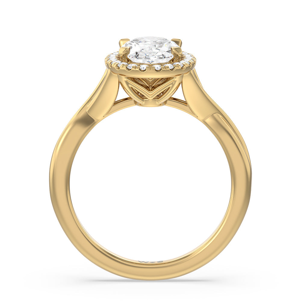Criss Cross Shank Halo Engagement Ring with Oval Cut Diamond in 14KT Yellow Gold view 2

