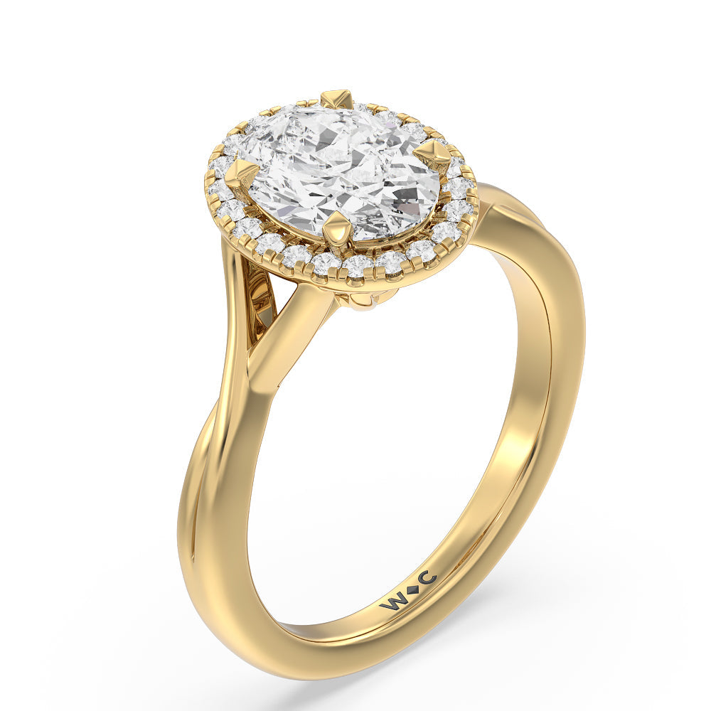 Criss Cross Shank Halo Engagement Ring with Oval Cut Diamond in 14KT Yellow Gold view 3

