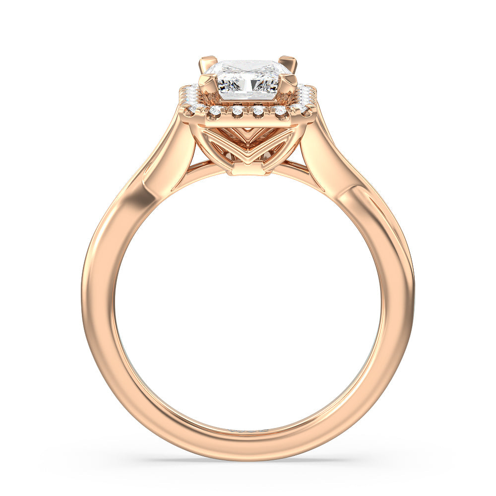 Criss Cross Shank Halo Engagement Ring with Radiant Cut Diamond in 14KT Rose Gold view 2
