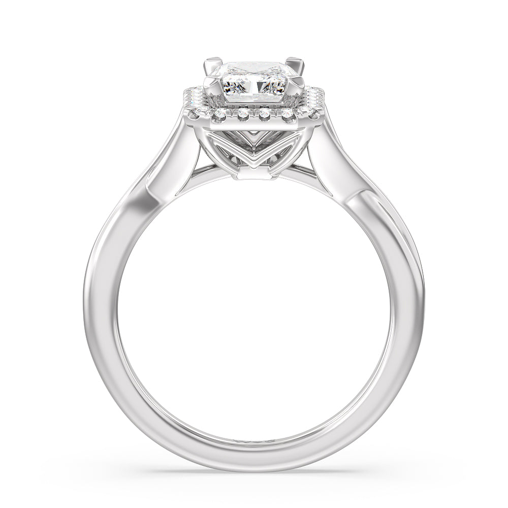 Criss Cross Shank Halo Engagement Ring with Radiant Cut Diamond in 14KT Platinum view 2
