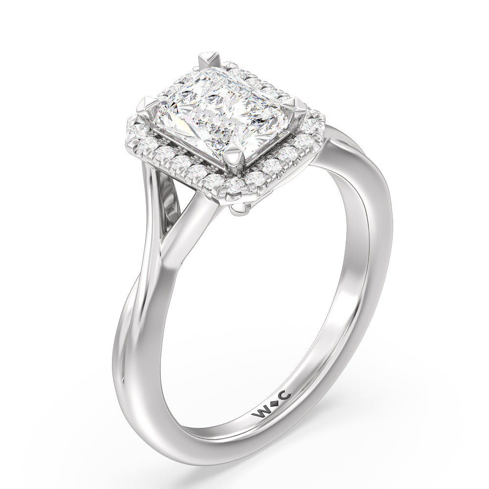 Criss Cross Shank Halo Engagement Ring with Radiant Cut Diamond in 14KT Platinum view 3
