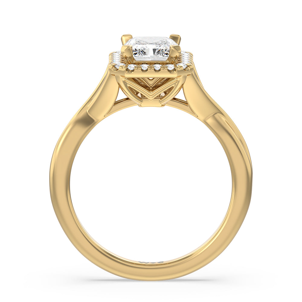 Criss Cross Shank Halo Engagement Ring with Radiant Cut Diamond in 14KT Yellow Gold view 2
