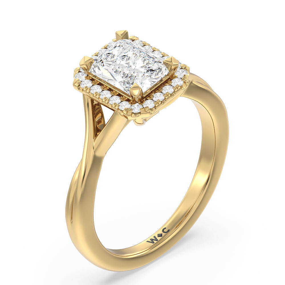 Criss Cross Shank Halo Engagement Ring with Radiant Cut Diamond in 14KT Yellow Gold view 3
