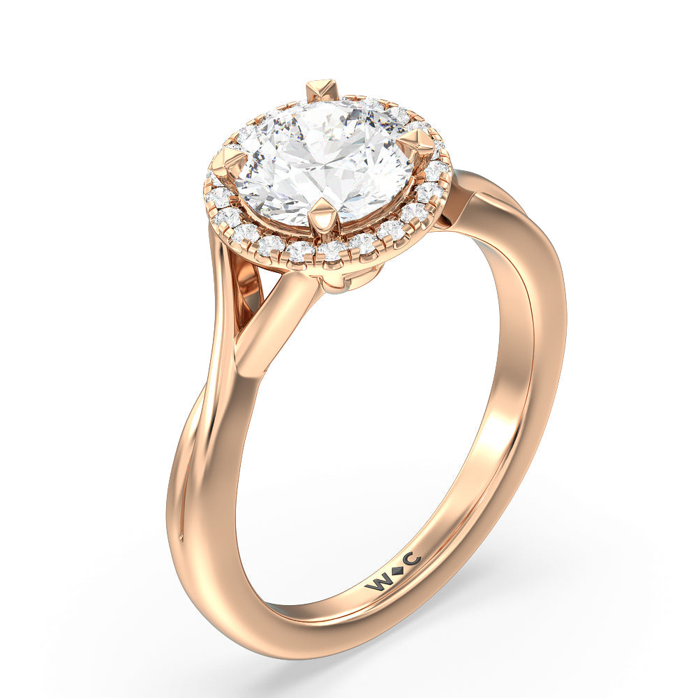 Criss Cross Shank Halo Engagement Ring with Round Cut Diamond in 14KT Rose Gold view 3
