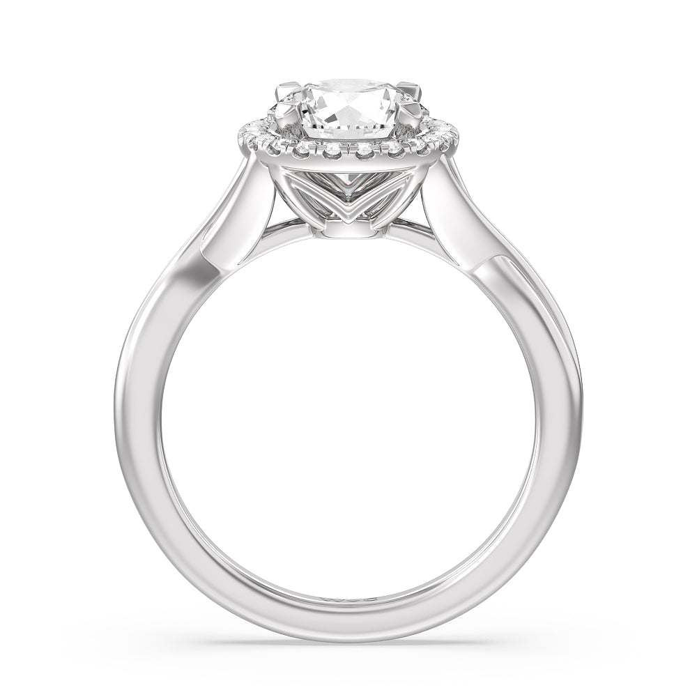 Criss Cross Shank Halo Engagement Ring with Round Cut Diamond in 14KT Platinum view 2
