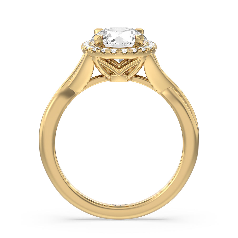 Criss Cross Shank Halo Engagement Ring with Round Cut Diamond in 14KT Yellow Gold view 2
