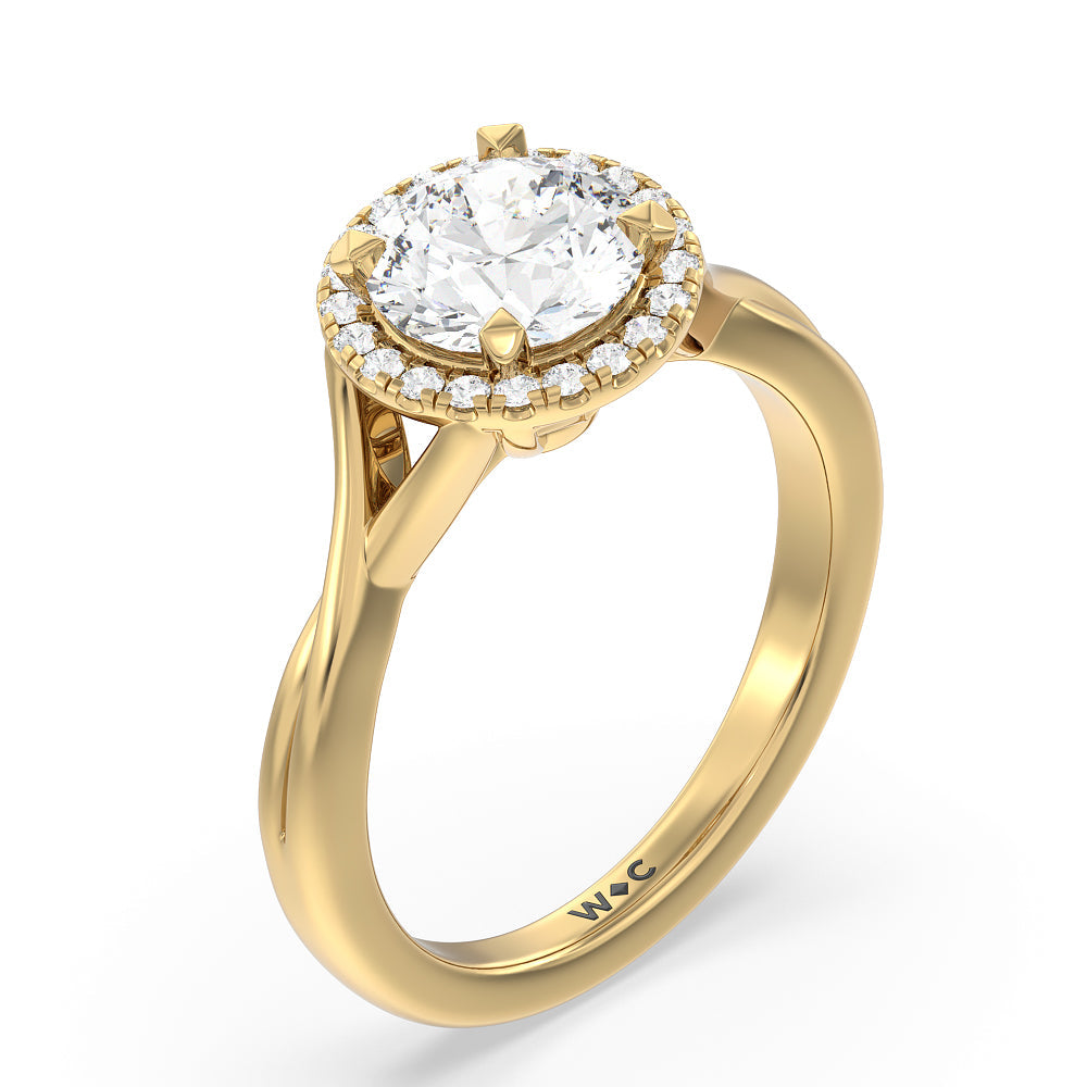 Criss Cross Shank Halo Engagement Ring with Round Cut Diamond in 14KT Yellow Gold view 3
