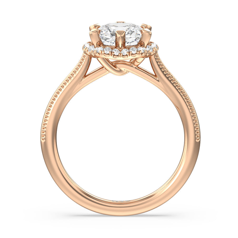 Floral Halo Cathedral Engagement Ring with Cushion Cut Diamond in 14KT Rose Gold view 2

