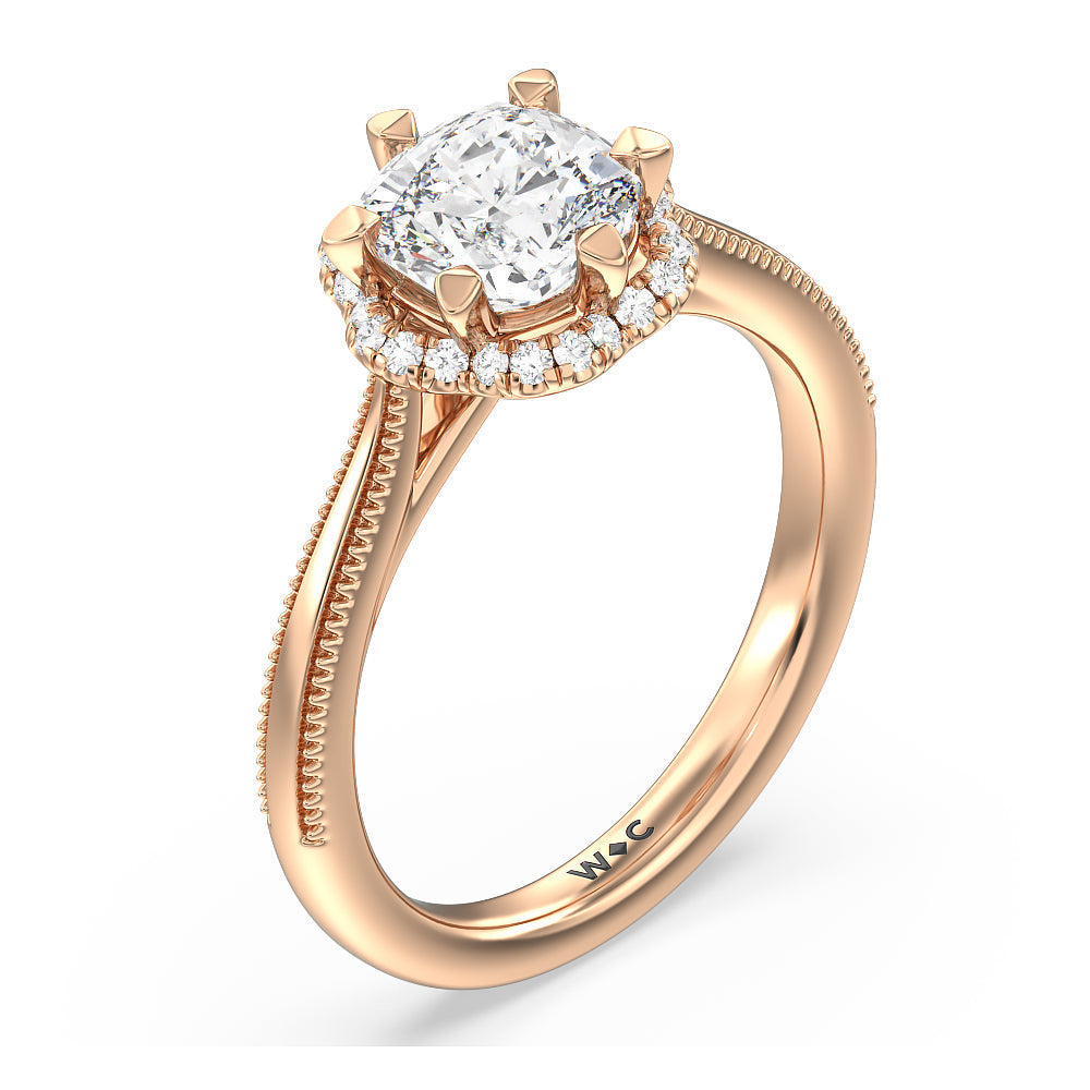 Floral Halo Cathedral Engagement Ring with Cushion Cut Diamond in 14KT Rose Gold view 3
