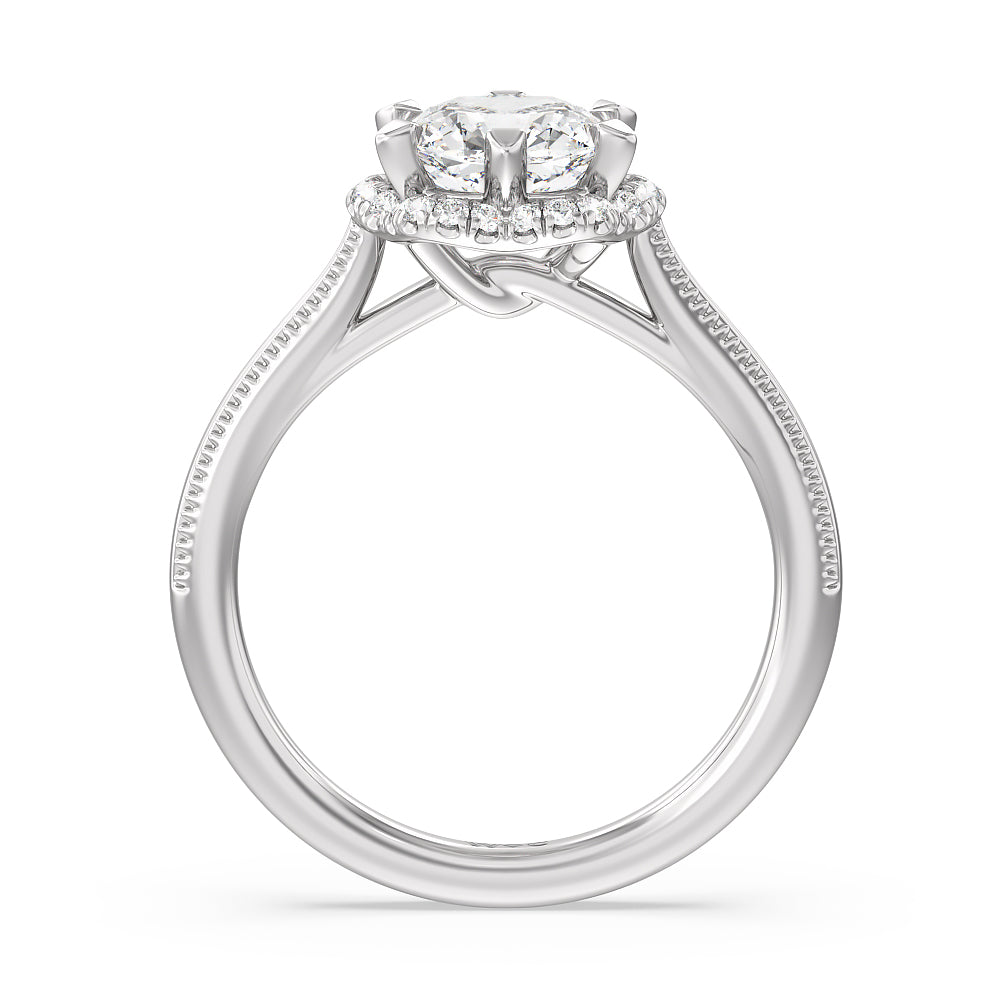 Floral Halo Cathedral Engagement Ring with Cushion Cut Diamond in 14KT Platinum view 2
