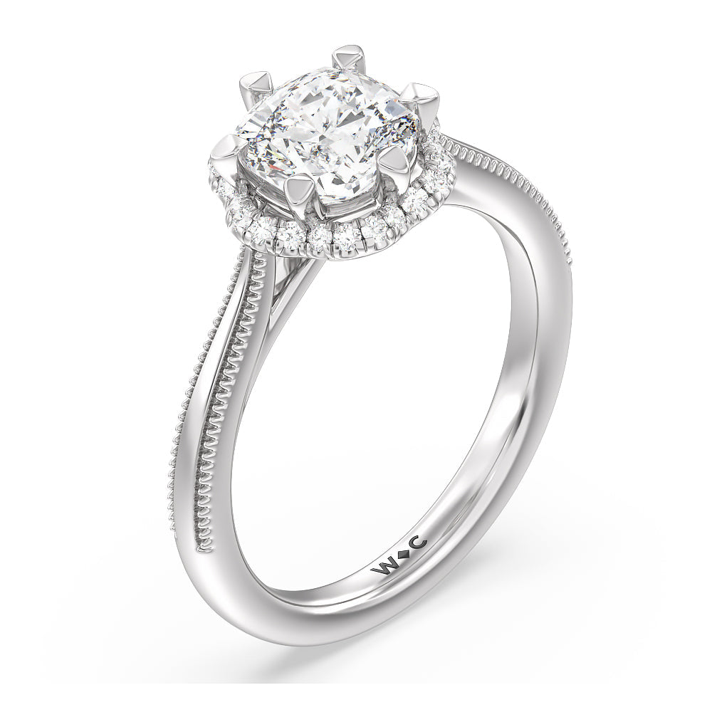 Floral Halo Cathedral Engagement Ring with Cushion Cut Diamond in 14KT Platinum view 3
