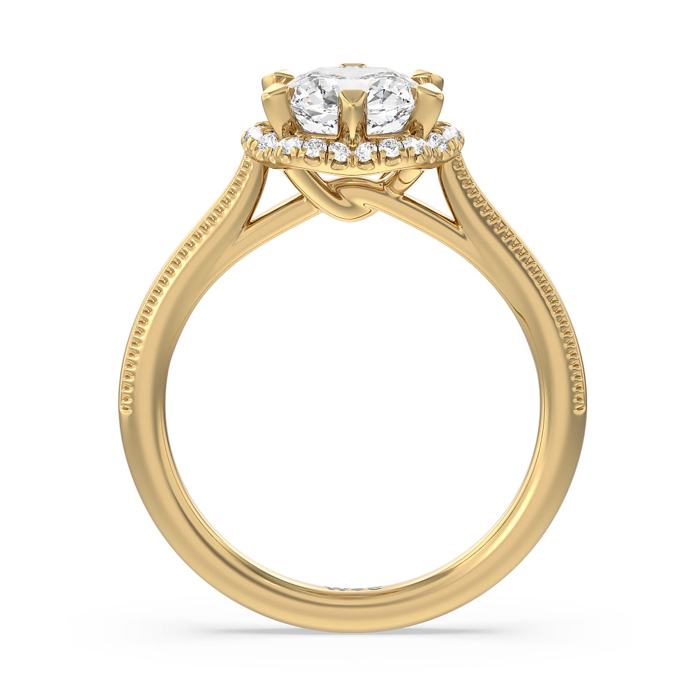 Floral Halo Cathedral Engagement Ring with Cushion Cut Diamond in 14KT Yellow Gold view 2
