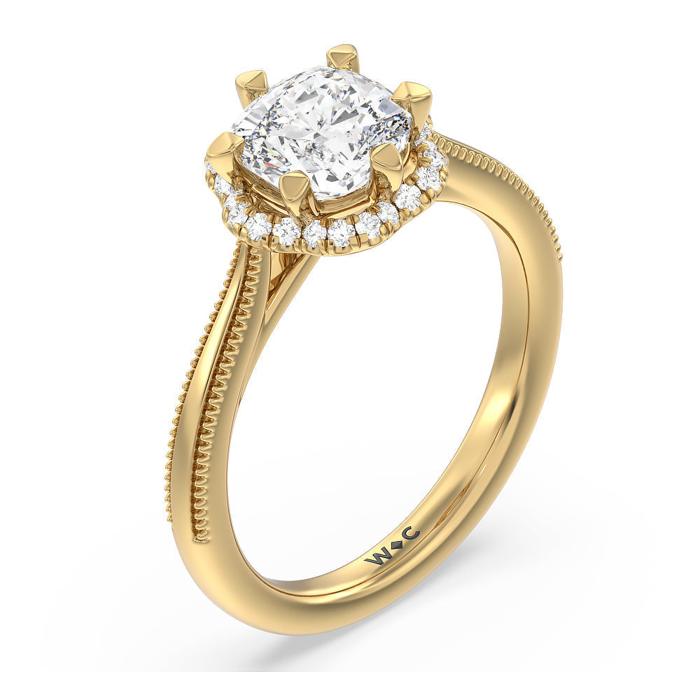 Floral Halo Cathedral Engagement Ring with Cushion Cut Diamond in 14KT Yellow Gold view 3
