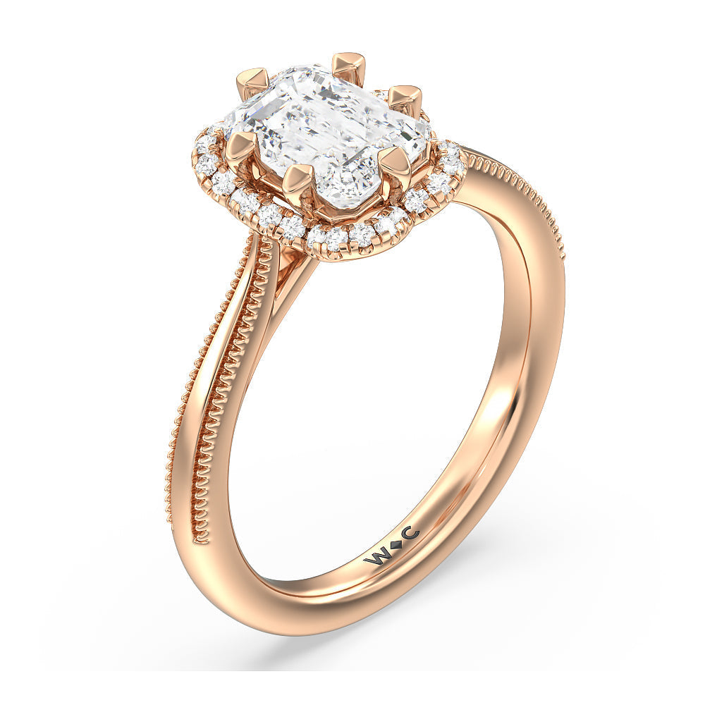 Floral Halo Cathedral Engagement Ring with Emerald Cut Diamond in 14KT Rose Gold view 3

