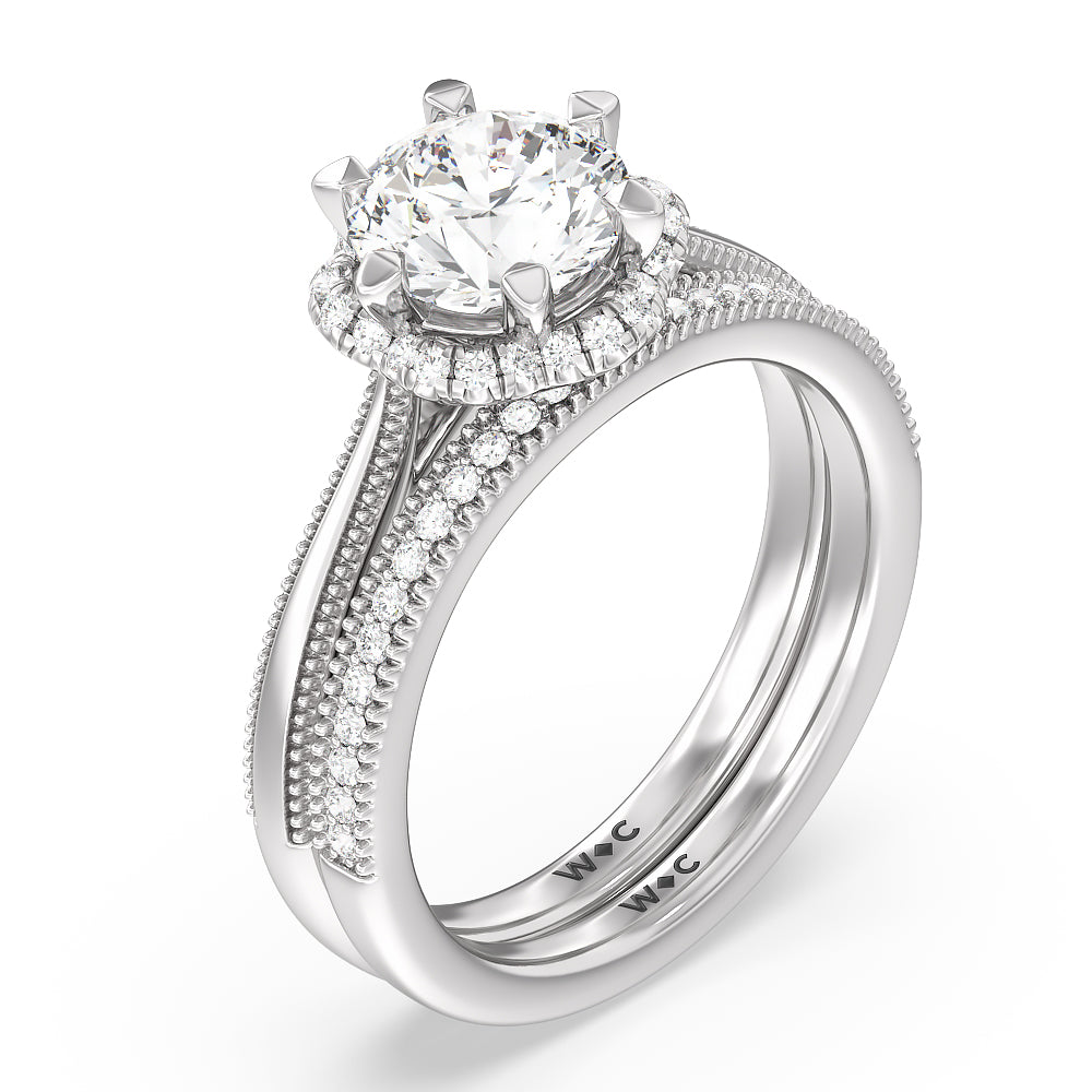 Floral Halo Cathedral Engagement Ring with Emerald Cut Diamond in 14KT Platinum view 4
