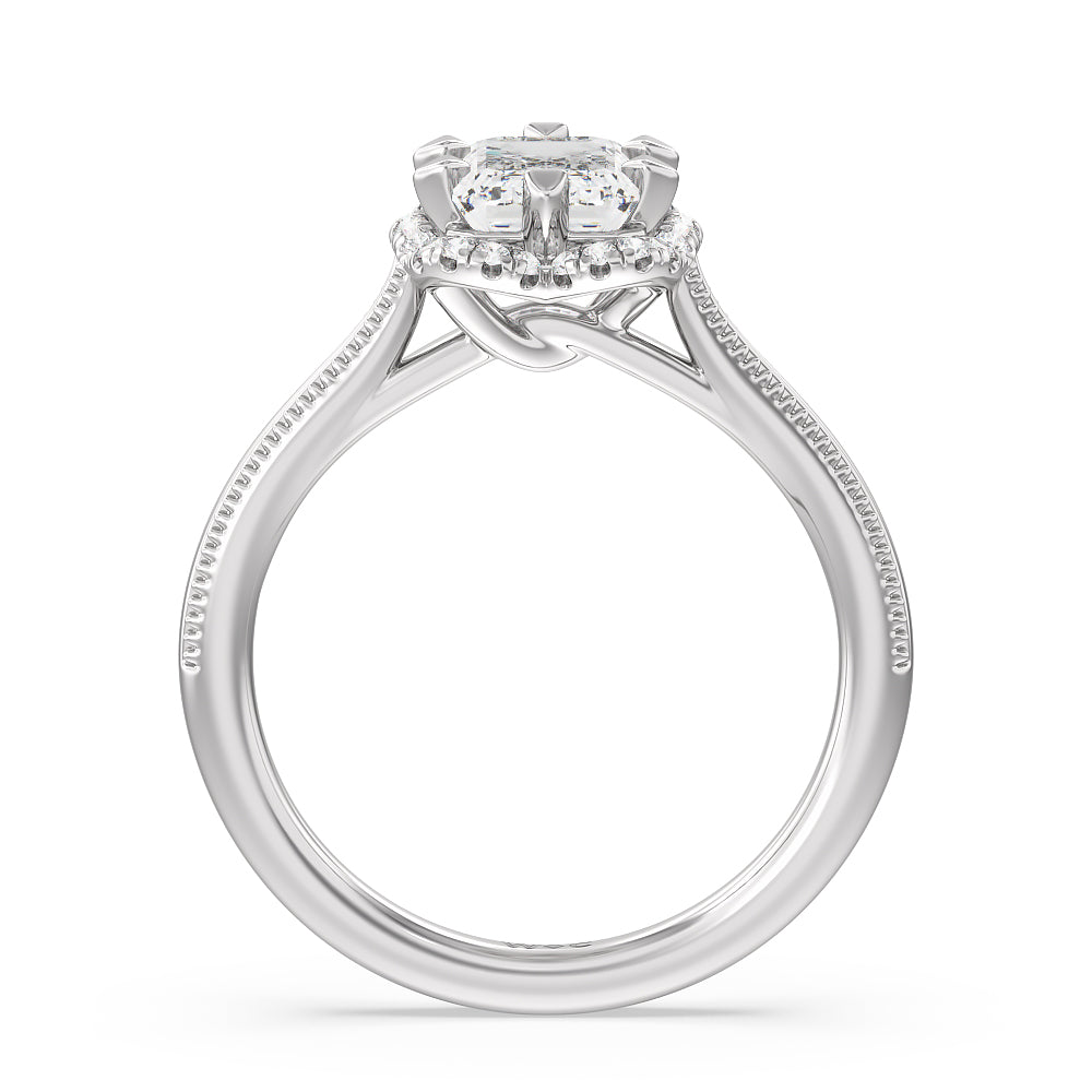 Floral Halo Cathedral Engagement Ring with Emerald Cut Diamond in 14KT Platinum view 2
