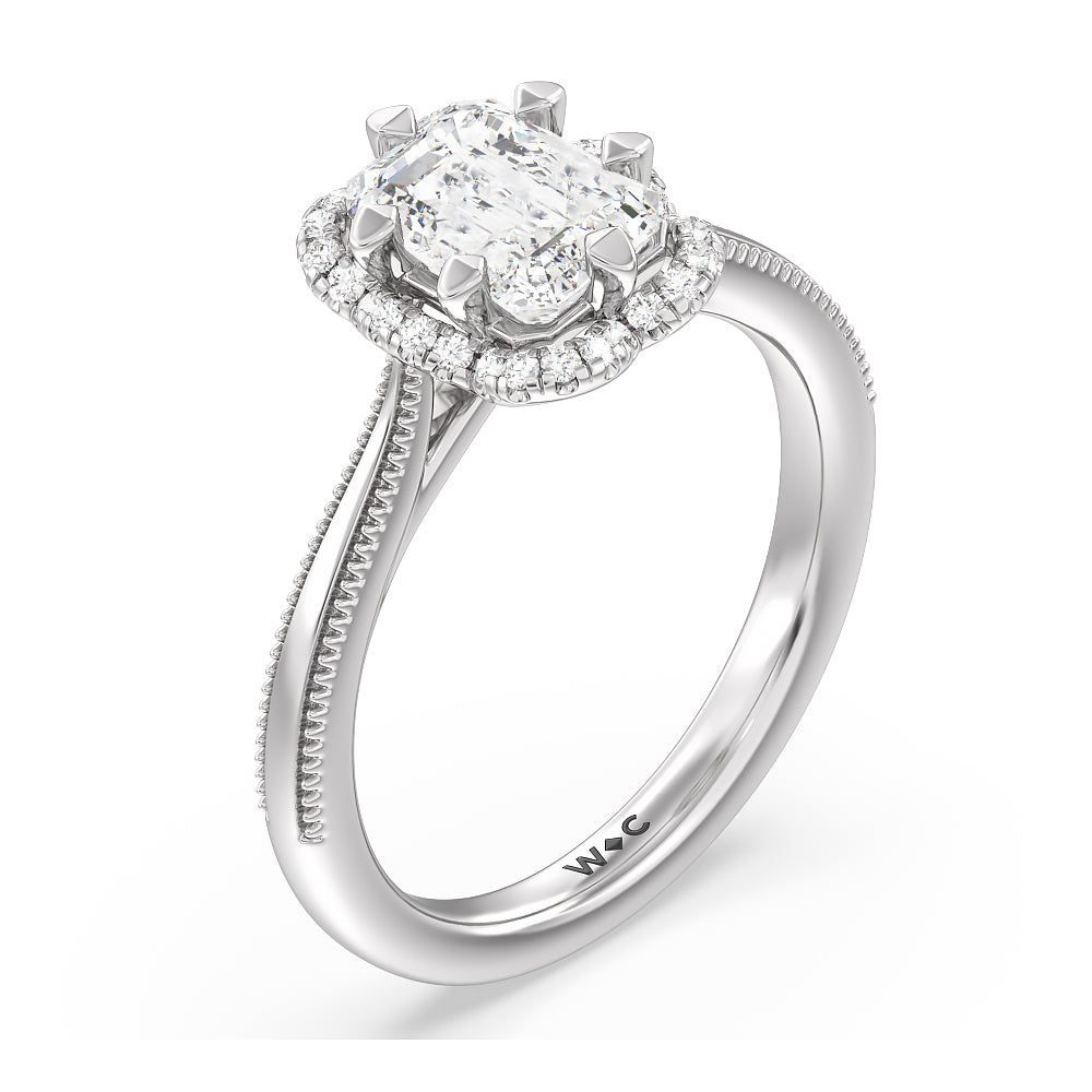 Floral Halo Cathedral Engagement Ring with Emerald Cut Diamond in 14KT Platinum view 3
