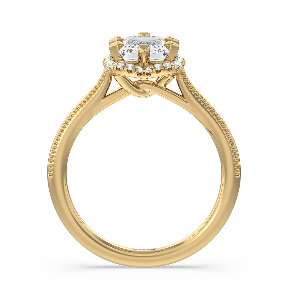 Floral Halo Cathedral Engagement Ring with Emerald Cut Diamond in 14KT Yellow Gold view 2
