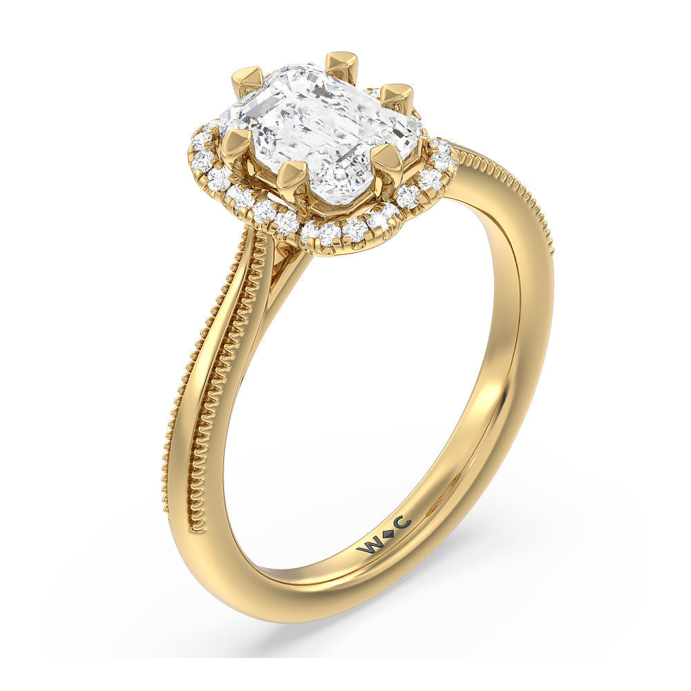 Floral Halo Cathedral Engagement Ring with Emerald Cut Diamond in 14KT Yellow Gold view 3
