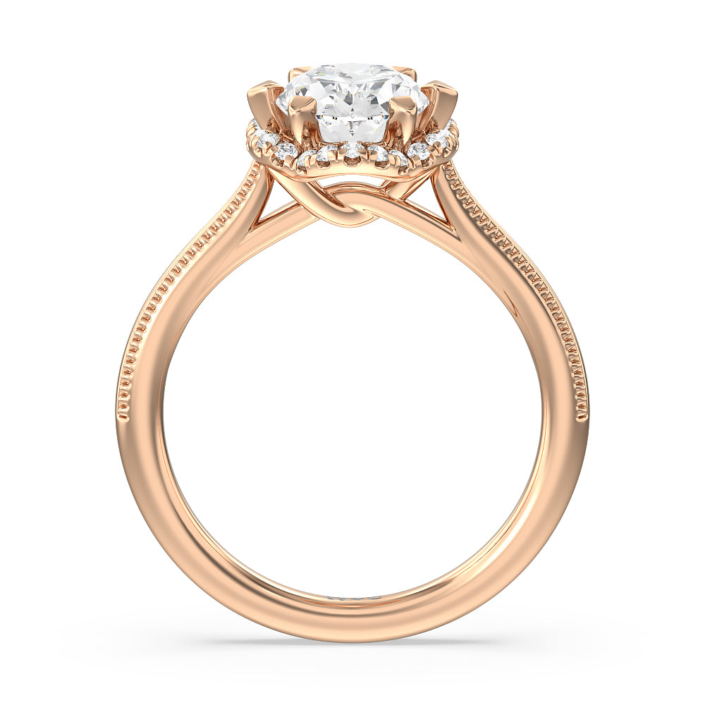 Floral Halo Cathedral Engagement Ring with Oval Cut Diamond in 14KT Rose Gold view 2
