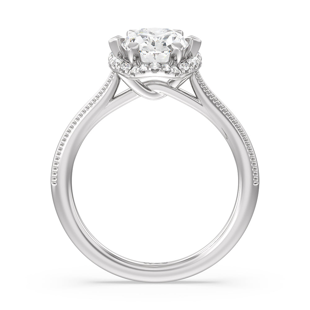 Floral Halo Cathedral Engagement Ring with Oval Cut Diamond in 14KT Platinum view 2
