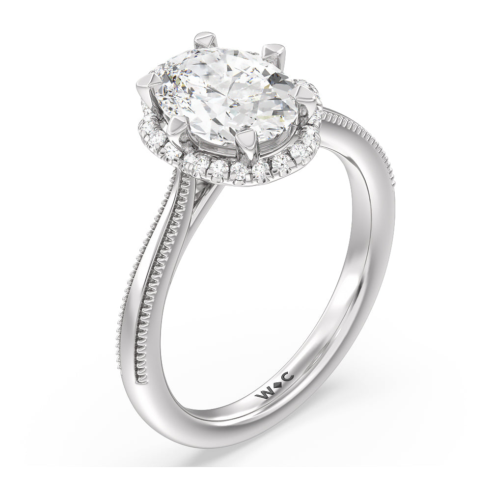 Floral Halo Cathedral Engagement Ring with Oval Cut Diamond in 14KT Platinum view 3

