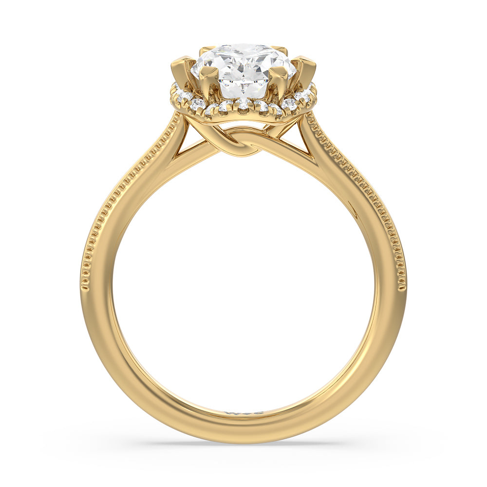 Floral Halo Cathedral Engagement Ring with Oval Cut Diamond in 14KT Yellow Gold view 2
