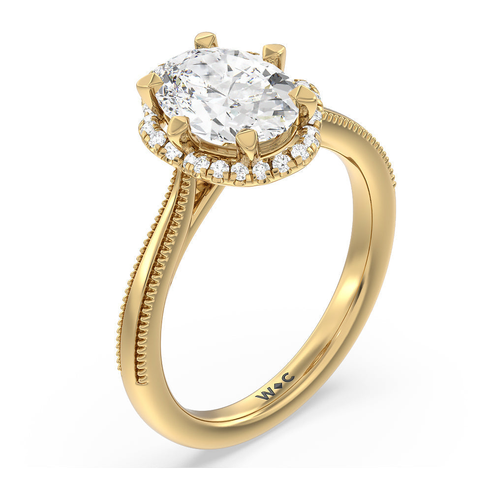 Floral Halo Cathedral Engagement Ring with Oval Cut Diamond in 14KT Yellow Gold view 3
