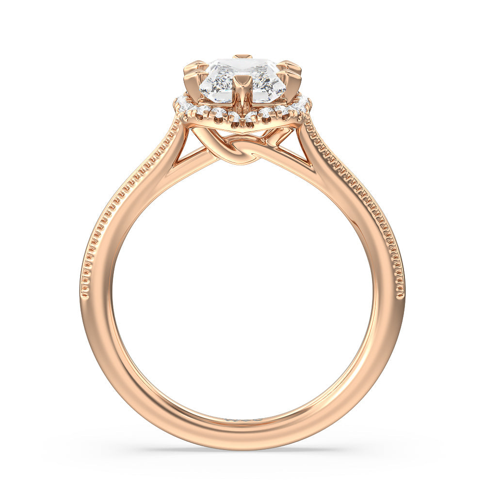 Floral Halo Cathedral Engagement Ring with Radiant Cut Diamond in 14KT Rose Gold view 2
