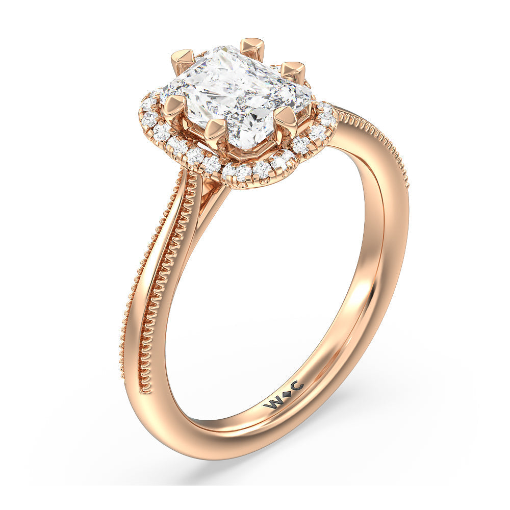 Floral Halo Cathedral Engagement Ring with Radiant Cut Diamond in 14KT Rose Gold view 3

