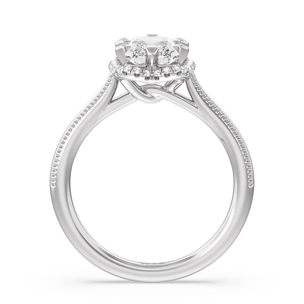 Floral Halo Cathedral Engagement Ring with Radiant Cut Diamond in 14KT Platinum view 2
