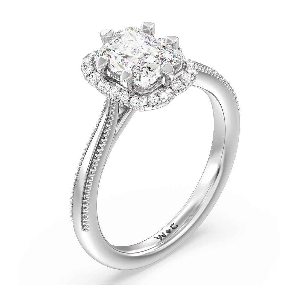 Floral Halo Cathedral Engagement Ring with Radiant Cut Diamond in 14KT Platinum view 3
