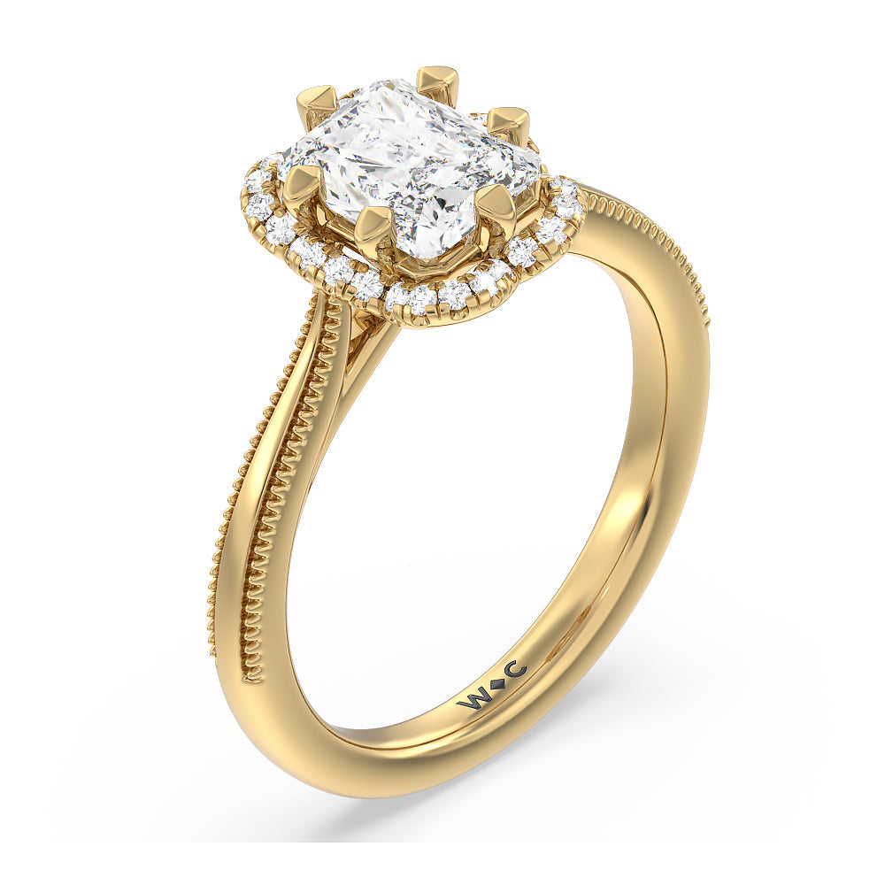 Floral Halo Cathedral Engagement Ring with Radiant Cut Diamond in 14KT Yellow Gold view 3
