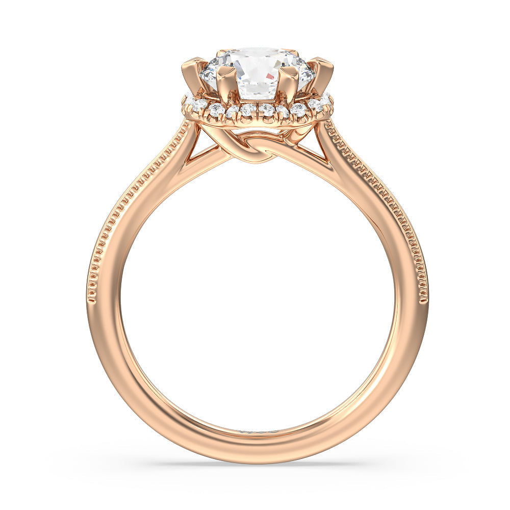 Floral Halo Cathedral Engagement Ring with Round Cut Diamond in 14KT Rose Gold view 2
