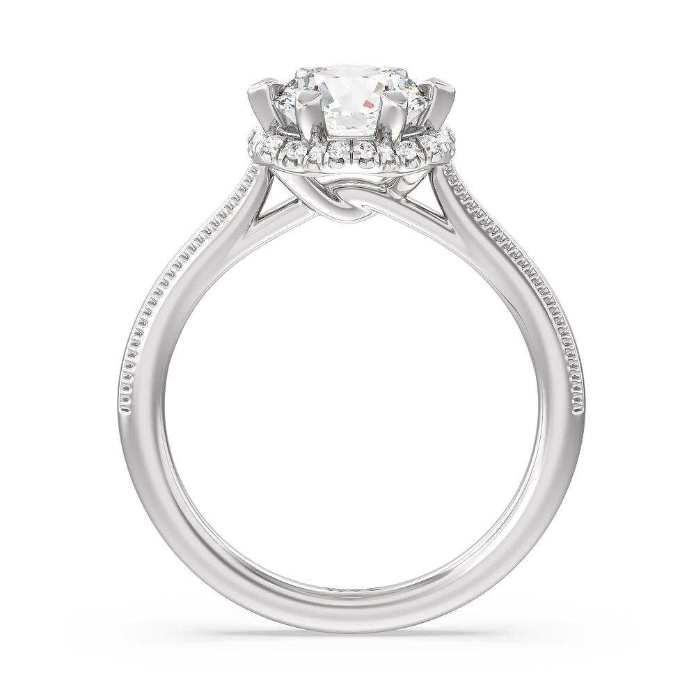 Floral Halo Cathedral Engagement Ring with Round Cut Diamond in 14KT Platinum view 2
