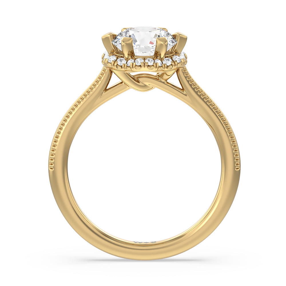 Floral Halo Cathedral Engagement Ring with Round Cut Diamond in 14KT Yellow Gold view 2
