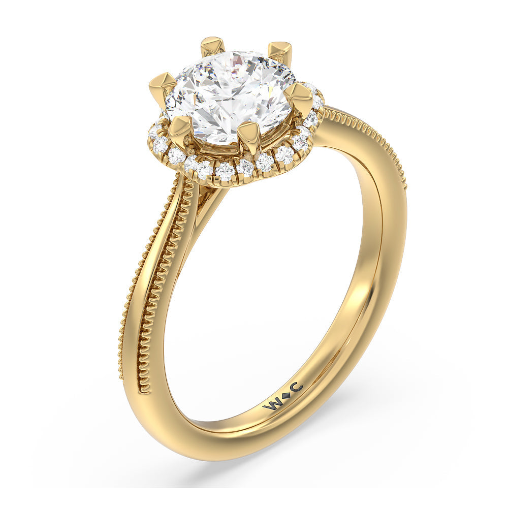 Floral Halo Cathedral Engagement Ring with Round Cut Diamond in 14KT Yellow Gold view 3
