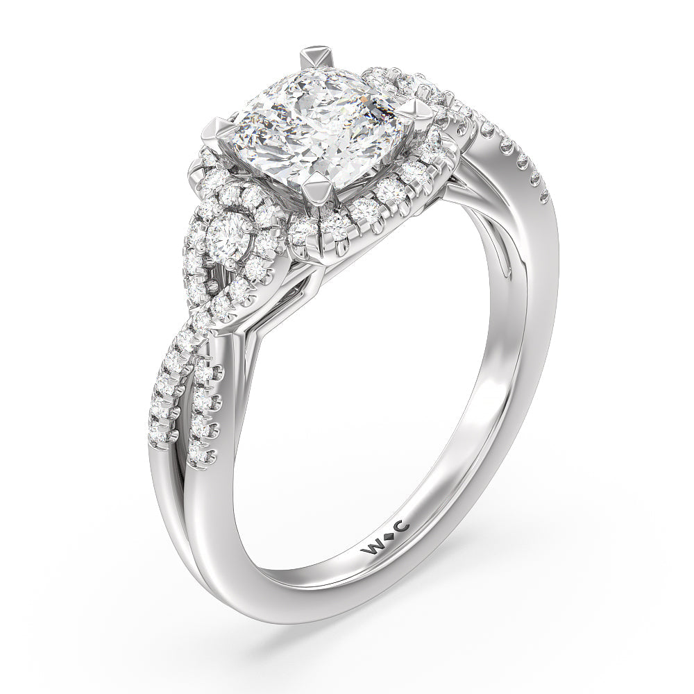 Elegant Halo Side Stone Accent Engagement Ring with Cushion Cut Diamond in 14KT Platinum view 3
